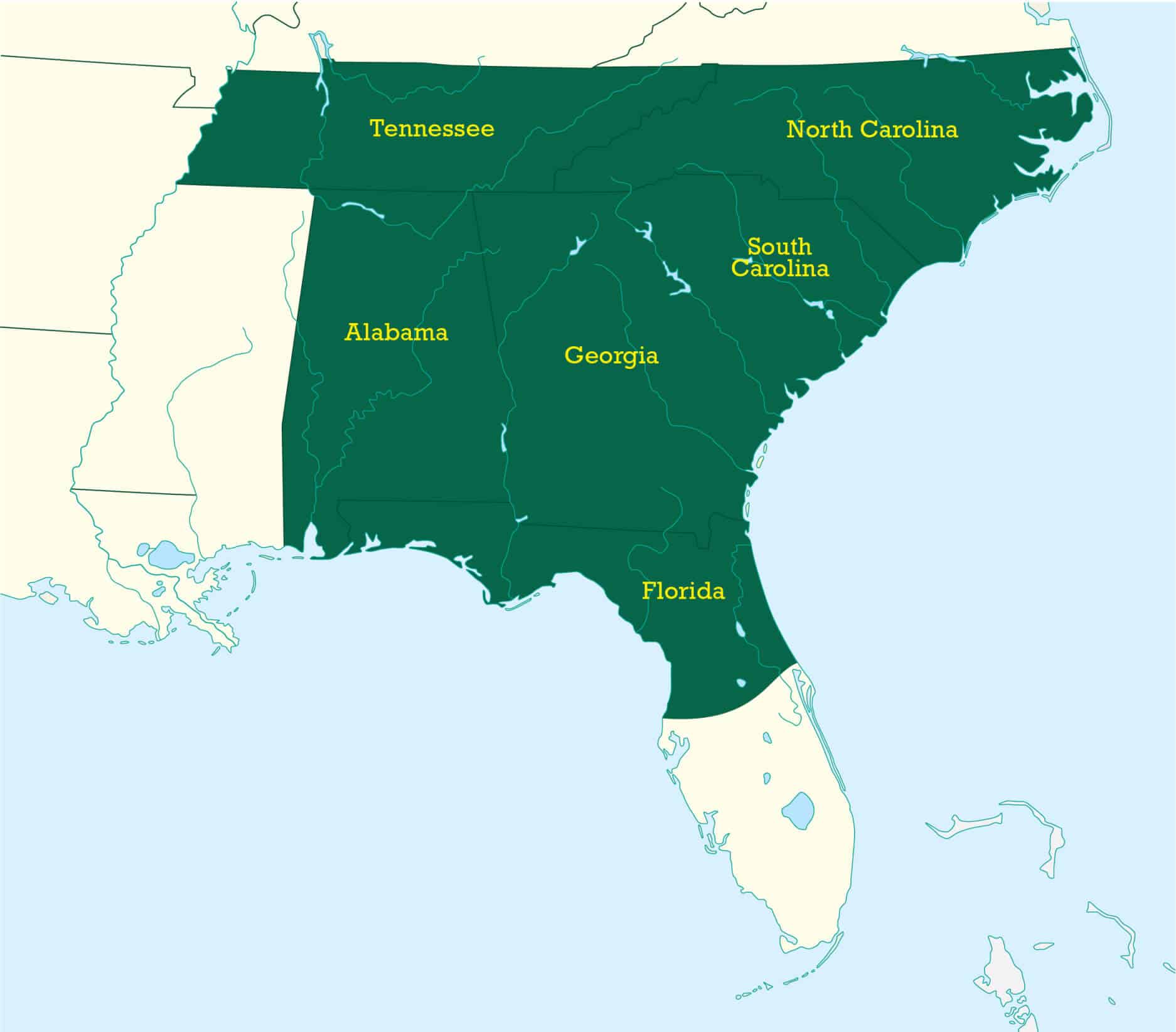 Map highlighting southeastern U.S. states: Florida, Georgia, Alabama, Tennessee, North Carolina, and South Carolina. States are in dark green with their names in yellow. Surrounding areas are light beige.